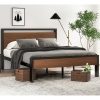 Queen Metal Platform Bed with Walnut Finish Wood Panel Headboard Footboard - Image 2