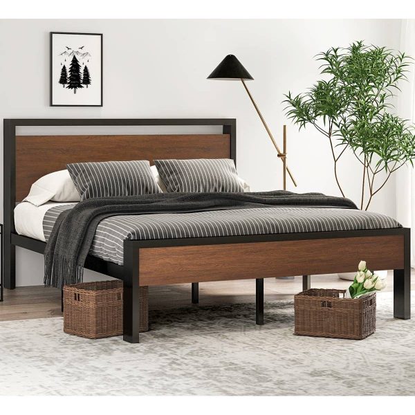 Queen Metal Platform Bed with Walnut Finish Wood Panel Headboard Footboard - Image 2