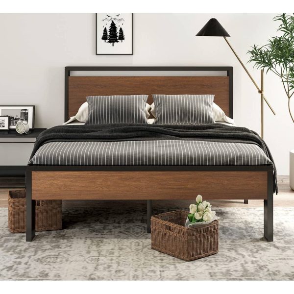 Queen Metal Platform Bed with Walnut Finish Wood Panel Headboard Footboard - Image 3