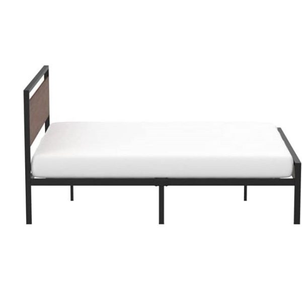 Queen Metal Platform Bed with Walnut Finish Wood Panel Headboard Footboard - Image 4