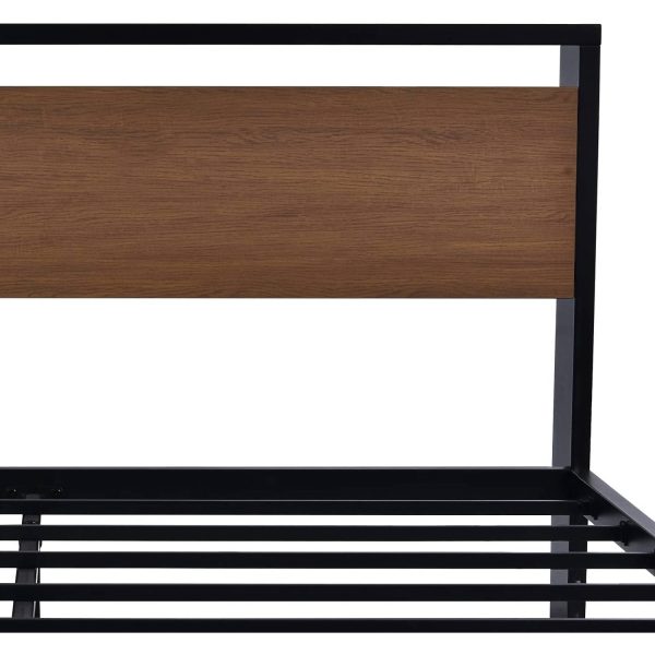 Queen Metal Platform Bed with Walnut Finish Wood Panel Headboard Footboard - Image 5