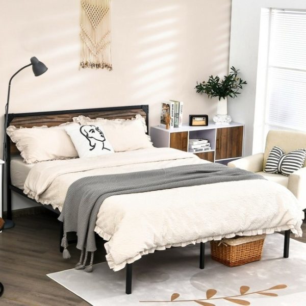 Rustic FarmHome Metal Wood Platform Bed Frame in Queen Size - Image 3