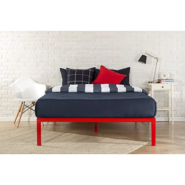 Queen Modern Red Metal Platform Bed Frame with Wooden Slats - Image 2