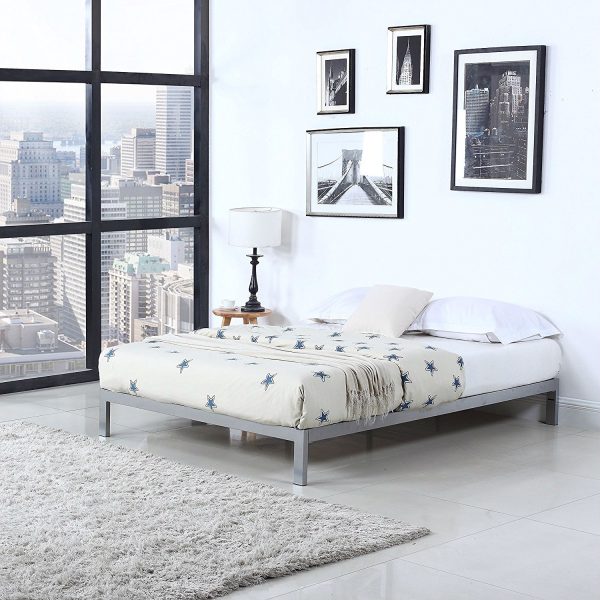 Queen size Silver Metal Platform Bed Frame with Wooden Slats - Image 2