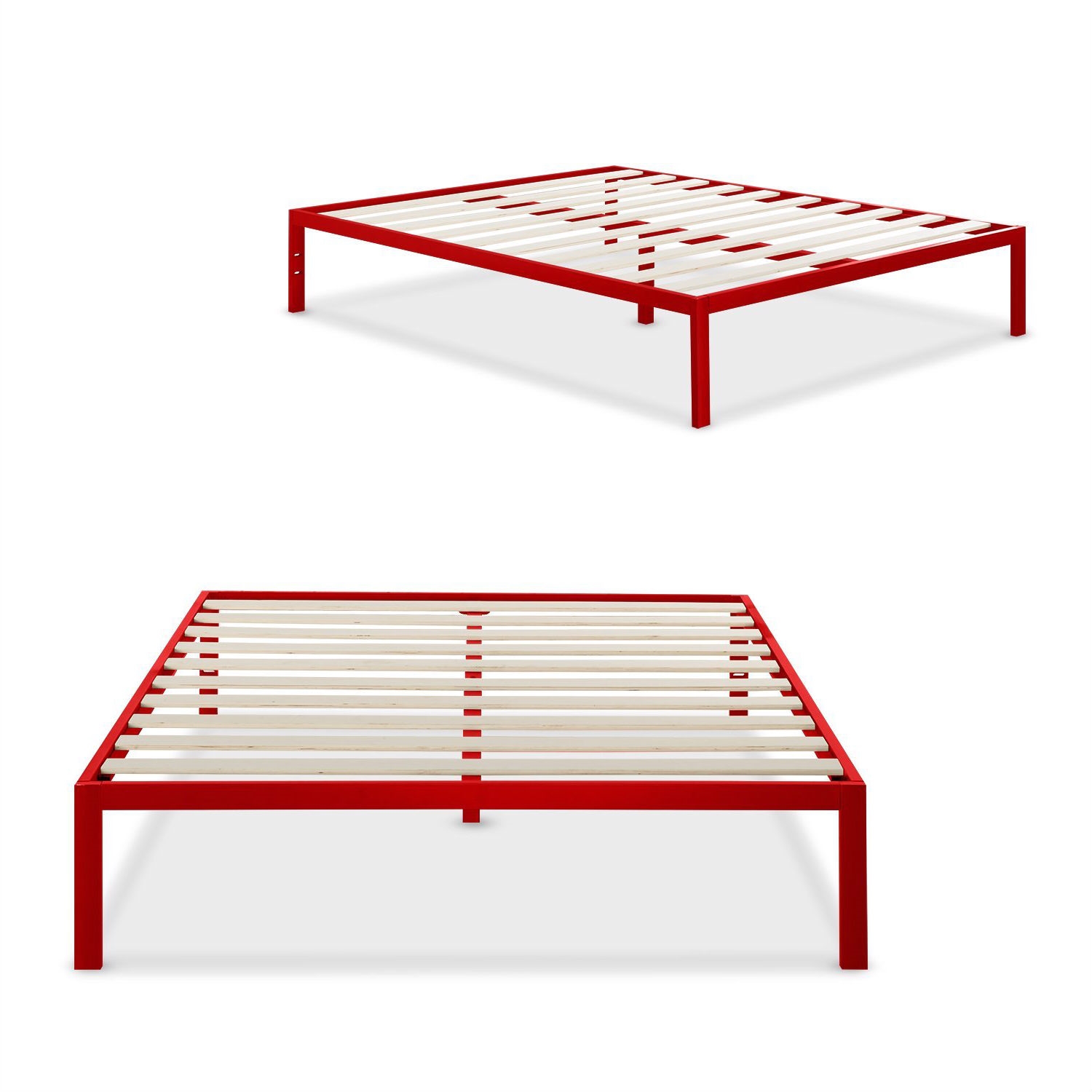 Queen size 14-inch High Modern Platform Bed with Red Metal Frame and Wood Slats - Image 2