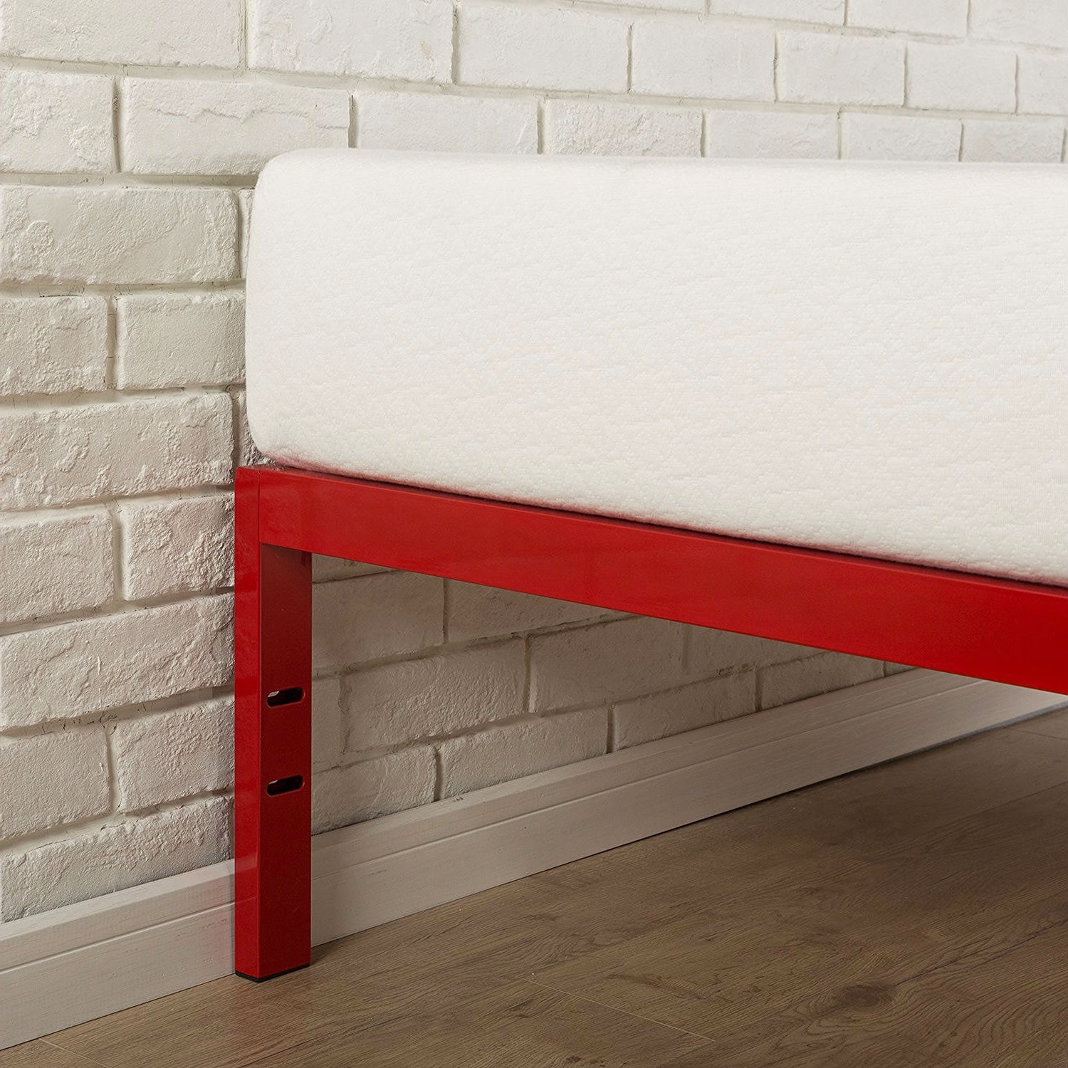 Queen size 14-inch High Modern Platform Bed with Red Metal Frame and Wood Slats - Image 3