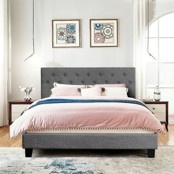 Queen Size Grey Linen Upholstered Platform Bed - Image 4