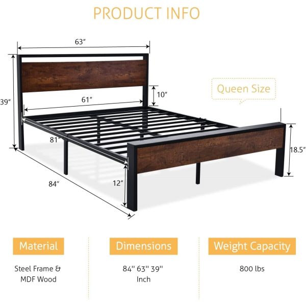 Queen Metal Platform Bed Frame with Mahogany Wood Panel Headboard Footboard - Image 4