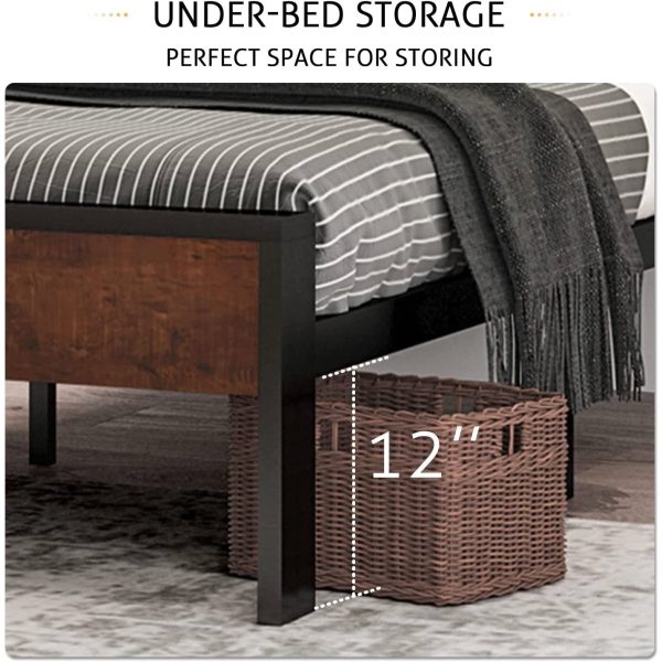 Queen Metal Platform Bed Frame with Mahogany Wood Panel Headboard Footboard - Image 5