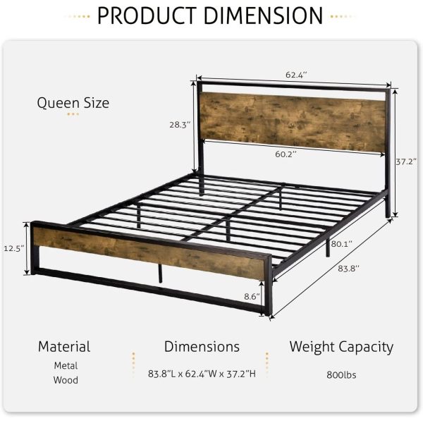 Queen size Metal Wood Platform Bed Frame with Industrial Headboard - Image 4