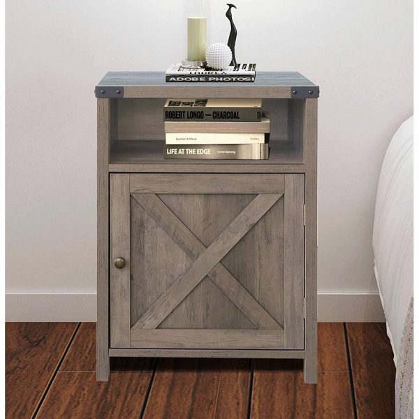 Farmhouse Style End Table Barn Door Nightstand with Open Shelf in Rustic Oak - Image 2
