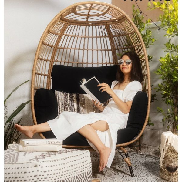 Oversized Patio Lounger Indoor/Outdoor Wicker Egg Chair Black - Image 2