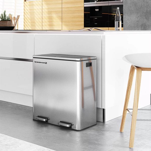 Dual Stainless Steel 16-Gallon Trash Can Recycle Bin with 2 Step on Pedal Lids - Image 4