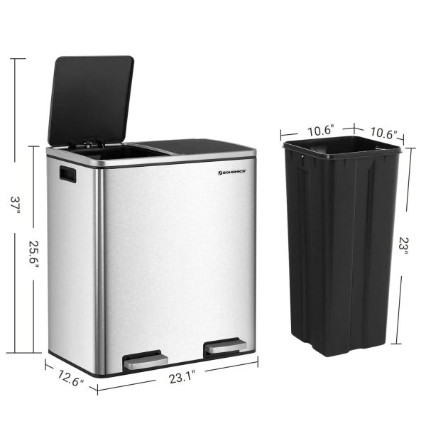 Dual Stainless Steel 16-Gallon Trash Can Recycle Bin with 2 Step on Pedal Lids - Image 5