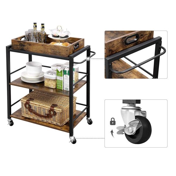 Farmhouse 3-Tier Kitchen Microwave Cart with Serving Tray on Wheels - Image 3