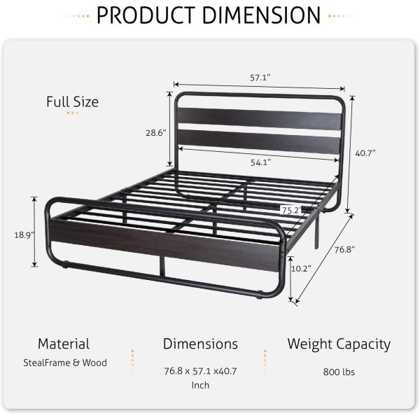 Full Heavy Duty Round Metal Frame Platform Bed with Black Wood Panel Headboard - Image 5
