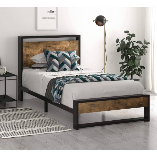 Twin size Metal Wood Platform Bed Frame with Industrial Headboard - Image 2