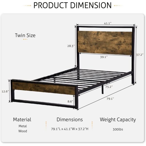Twin size Metal Wood Platform Bed Frame with Industrial Headboard - Image 4