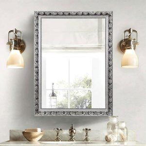 Large 32 x 24 inch Bathroom Wall Mirror with Baroque Style Silver Wood Frame