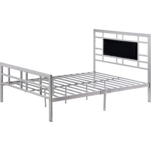 Twin Metal Platform Bed Frame in Silver with Black Upholstered Headboard Center Panel