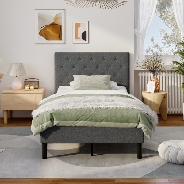 Twin Size Grey Upholstered Button Tufted Headboard Platform Bed - Image 3