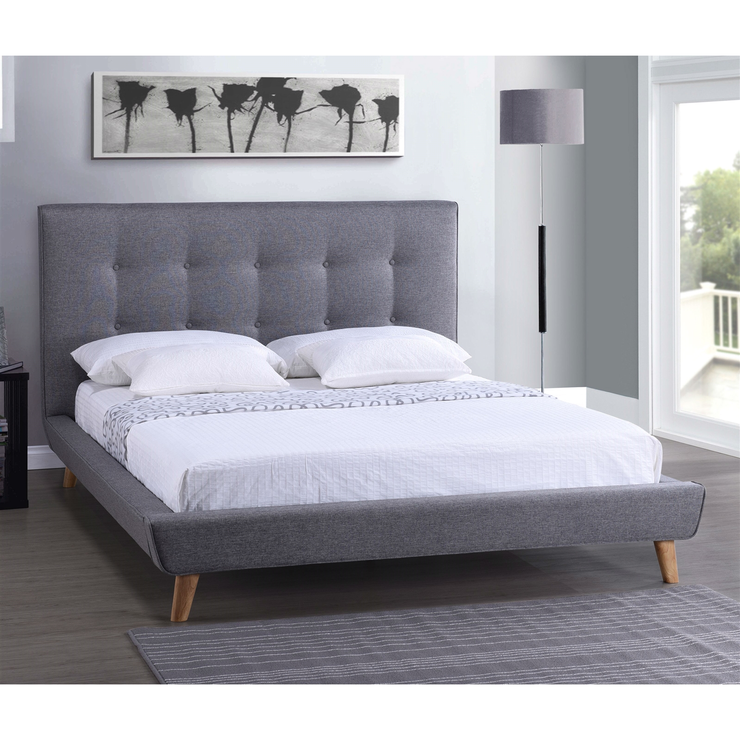 Queen Modern Grey Linen Upholstered Platform Bed with Button Tufted Headboard - Image 2