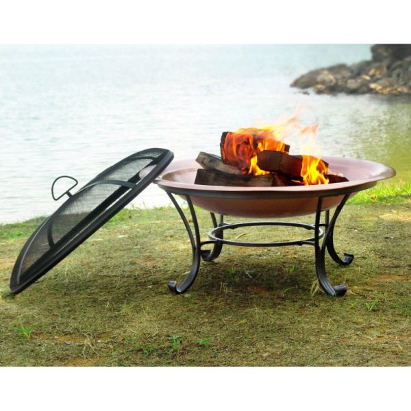 Large 35-inch Copper Bowl Fire Pit with Steel Stand and Cover - Image 2