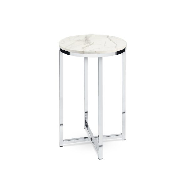 Round Cross Leg Design Coffee Side Table Nightstand with Faux Marble Top White/Chrome - Image 2