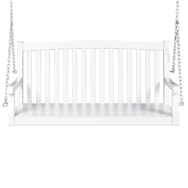 White Acacia Wooden Curved Back Hanging Porch Swing Bench with Mounting Chains - Image 2