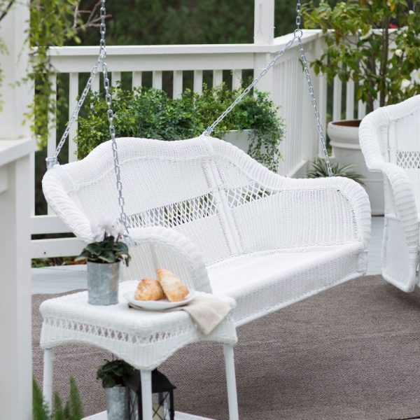 White Resin Wicker Porch Swing with Hanging Hooks Springs and Blue Cushion - Image 2