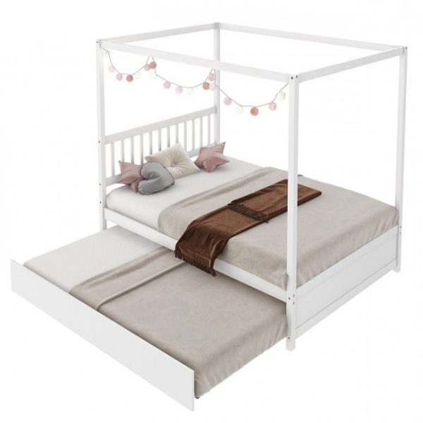 White Full Size Canopy Platform Bed with Twin Roller Trundle Bed - Image 2