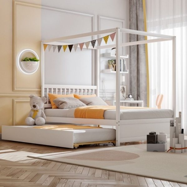 White Full Size Canopy Platform Bed with Twin Roller Trundle Bed - Image 3