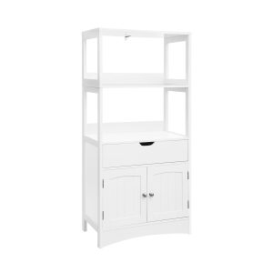 White Bathroom Floor Cabinet with Storage Drawer 2 Open Shelves