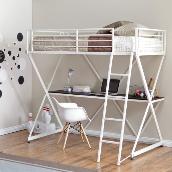 Modern Twin size Bunk Bed Loft with Desk in White Metal Finish
