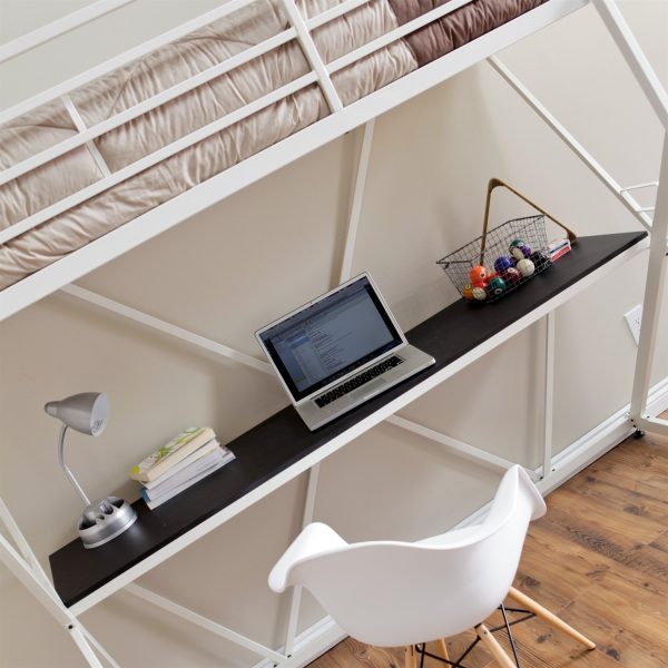 Modern Twin size Bunk Bed Loft with Desk in White Metal Finish - Image 2