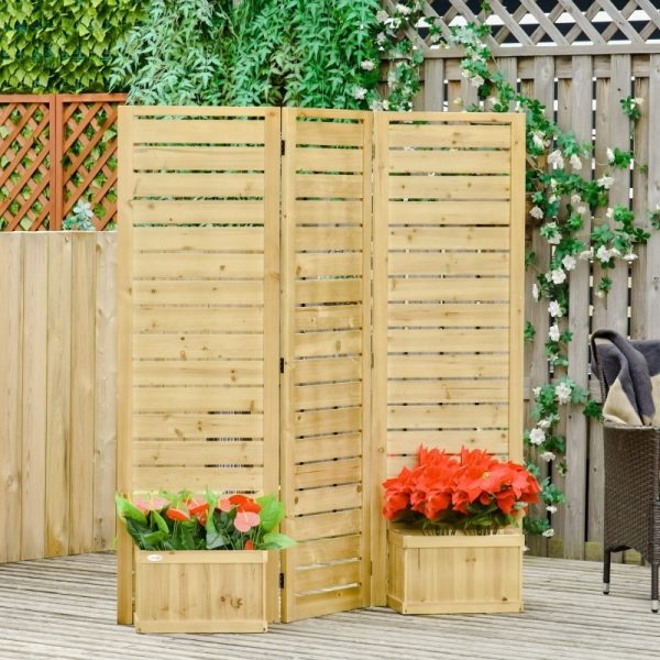 3 Panel Fir Wood Outdoor Privacy Screen with 4 Garden Bed Planters - Image 5