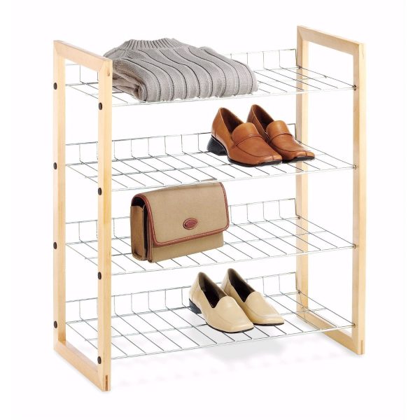 4-Shelf Closet Shoe Rack with Natural Wood Frame and Chrome Wire Shelves - Image 2