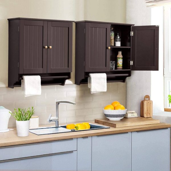 Espresso 2-Door Bathroom Wall Cabinet Cupboard with Towel Bar - Image 2