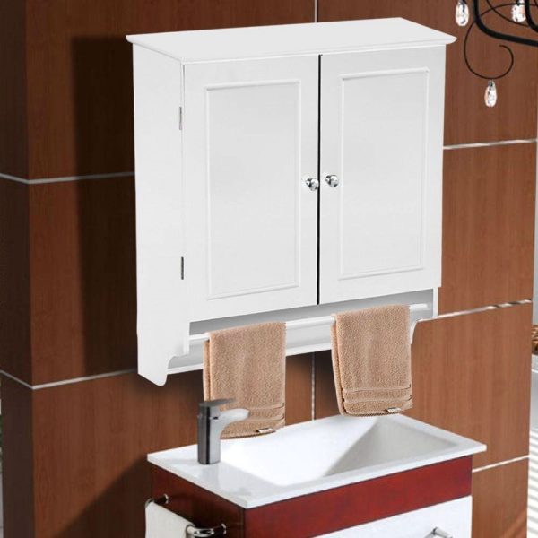 White Bathroom Wall Cabinet with Storage Shelf and Towel Bar - Image 2