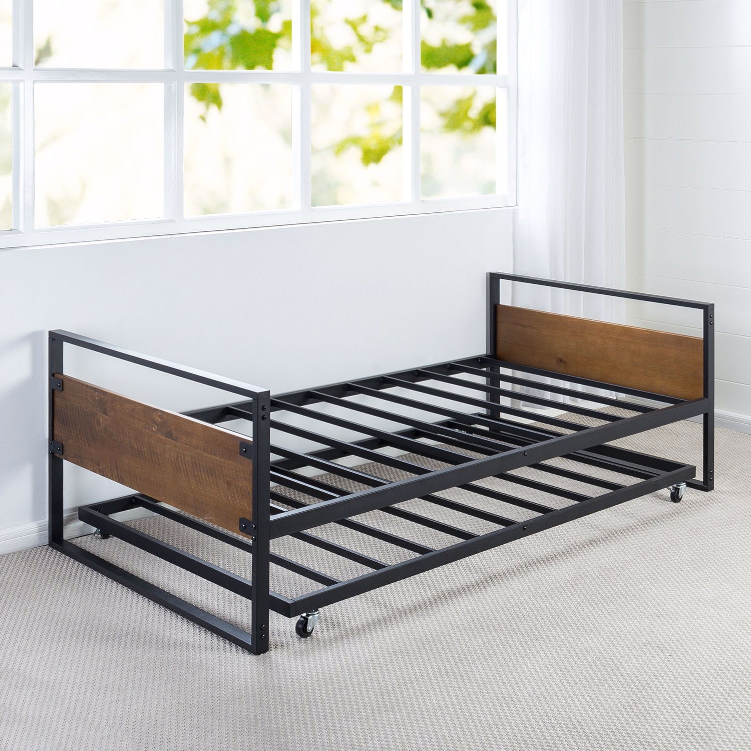 Twin size Metal Wood Daybed Frame with Roll Out Trundle Bed - Image 2