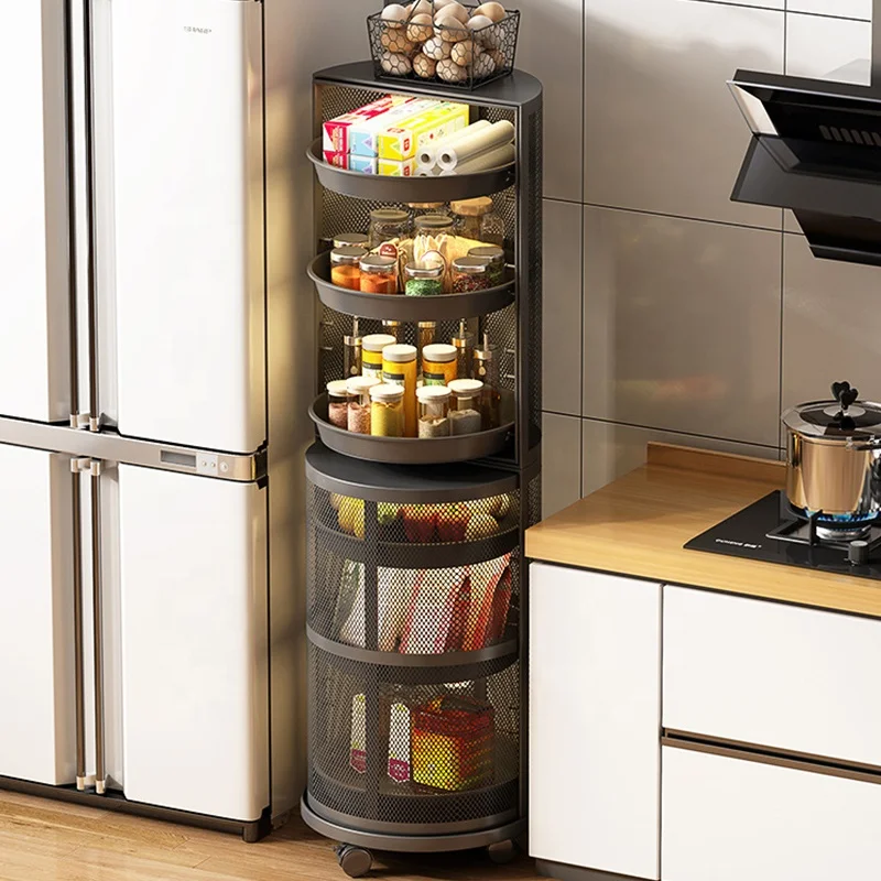 luxury kitchen multifunctional organizer storage vegetable rack cabinet corner rotatable shelf with door wheeled mobile trolley - Image 2