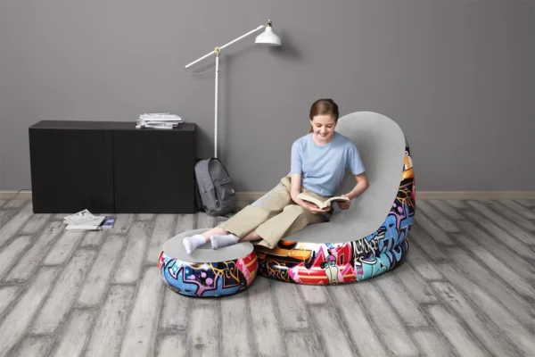 Bestway 75076 Graffiti Inflatable Sofa Bed Modern Recliner with Foot Stool Lounge Chair - Image 2