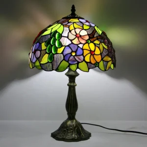 LongHuiJing 12 Inch Tiffany Style Table Lamp Stained Glass Grape&Daisy Pattern Desk Lamp Shade