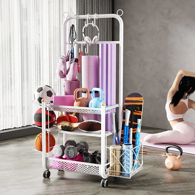 Metal frame rack home gym organizer yoga mat shelves Sports equipment storage rack basket with wheels - Image 4