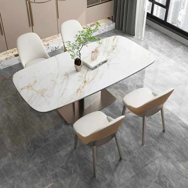 White Top Dining Table Set Rectangle Marble Dining Table Dining Room Furniture Titanium Steel Rock Board Material - Image 2