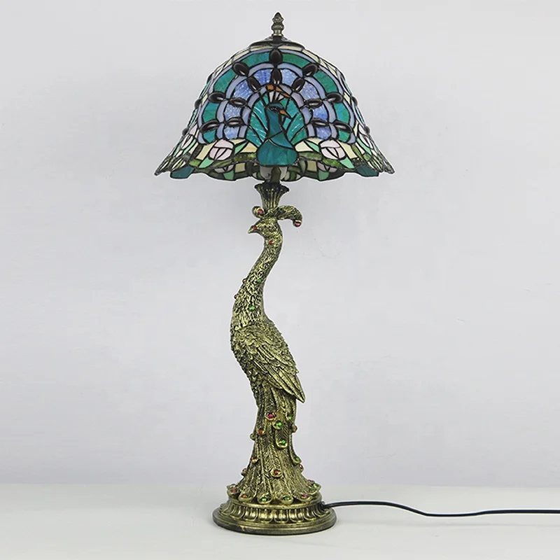 LongHuiJing TiffanyStyle Jeweled Harlequin Peacock Stained Glass Accent Lamp Blue NEW - Image 6