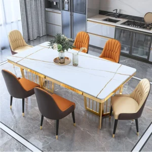 Rectangular Marble Top Dining Table Set 6 Seater With Chairs Modern Stainless Steel Titanium Seal Glaze Marble Table