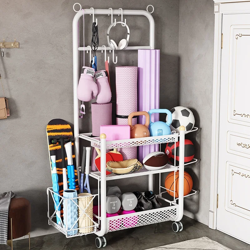 Metal frame rack home gym organizer yoga mat shelves Sports equipment storage rack basket with wheels - Image 6