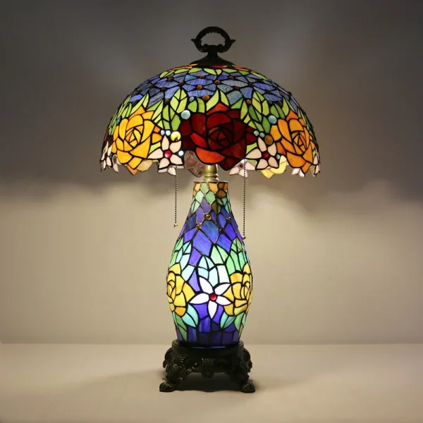 LongHuiJing Tiffany Style Stained Glass Table Lamp Rose Flower Desk La ps Accent Light - Image 2