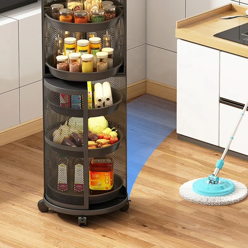 luxury kitchen multifunctional organizer storage vegetable rack cabinet corner rotatable shelf with door wheeled mobile trolley - Image 4